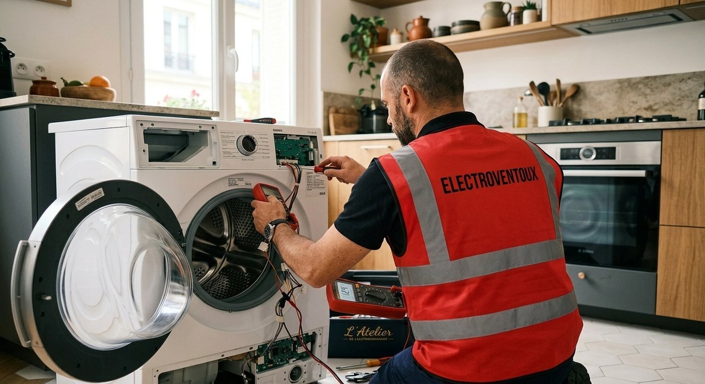 Technicien Electro Ventoux en intervention sur un lave-linge à domicile